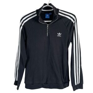 Adidas Trefoil Womens 1/4 Zip‎ Sweatshirt Medium Black Striped Pockets Stretch